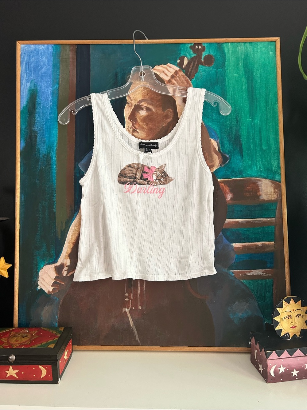 Streetwear Society Cat Darling Pointelle Tank Top White Pink Coquette L